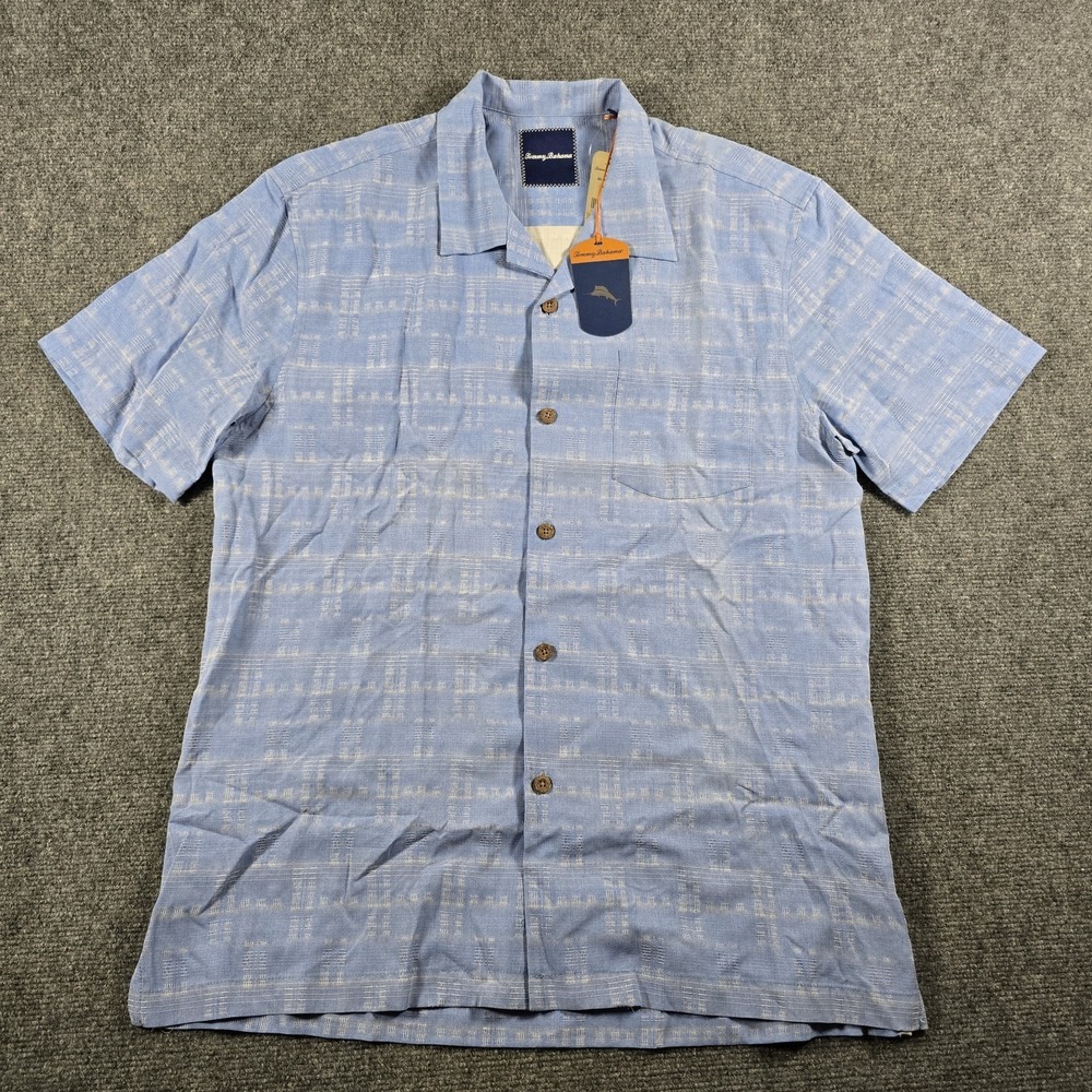 Tommy Bahama 100% Silk Camp Shirt Blue Jacquard Short Sleeve Men's M NWT